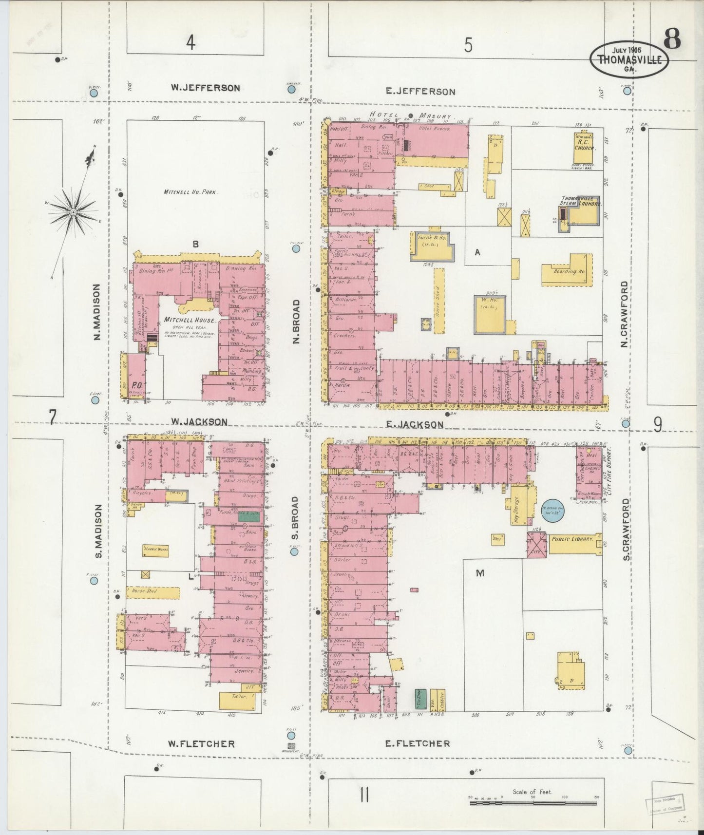 Sanborn Fire Insurance Map from Thomasville, Thomas County, Georgia (1905), Sheet #0008 - Historic Sanborn Fire Insurance Map Print, vintage old map wall art, antique decor, genealogy gift, Georgia Georgia map