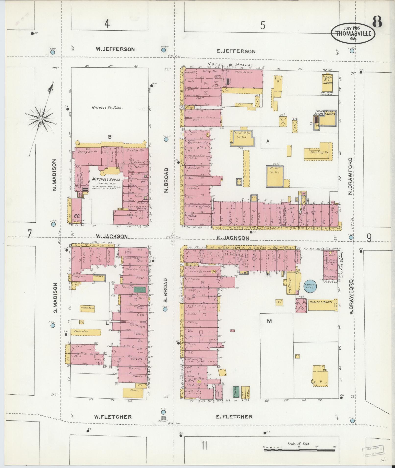 Sanborn Fire Insurance Map from Thomasville, Thomas County, Georgia (1905), Sheet #0008 - Historic Sanborn Fire Insurance Map Print, vintage old map wall art, antique decor, genealogy gift, Georgia Georgia map