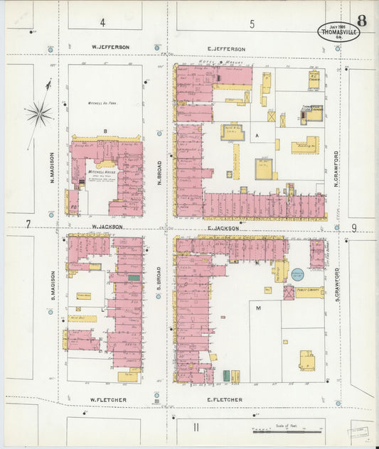 Sanborn Fire Insurance Map from Thomasville, Thomas County, Georgia (1905), Sheet #0008 - Historic Sanborn Fire Insurance Map Print, vintage old map wall art, antique decor, genealogy gift, Georgia Georgia map