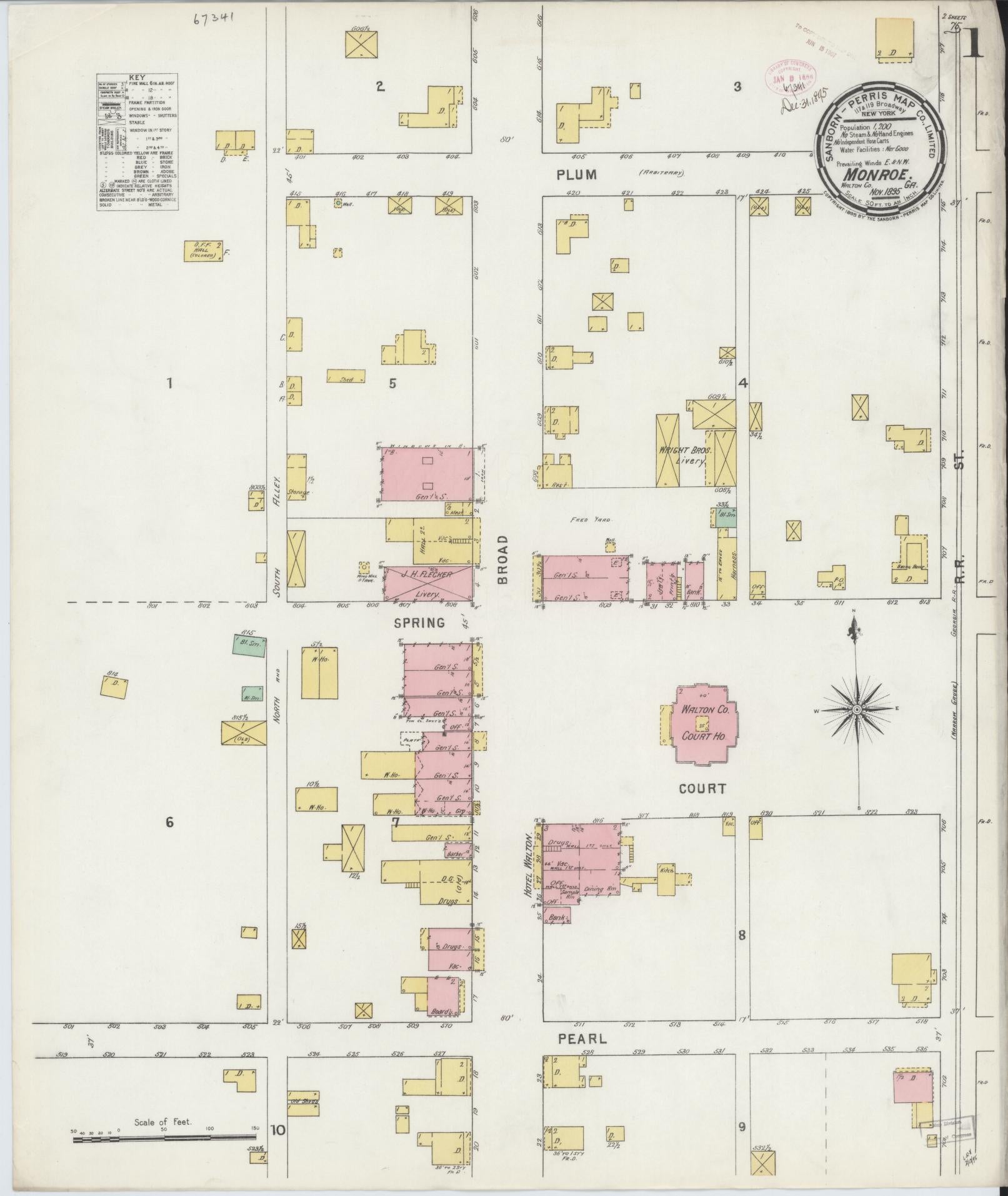 Sanborn Fire Insurance Map from Monroe, Walton County, Georgia (1895), Sheet #0001 - Historic Sanborn Fire Insurance Map Print, vintage old map wall art, antique decor, genealogy gift, Georgia Georgia map