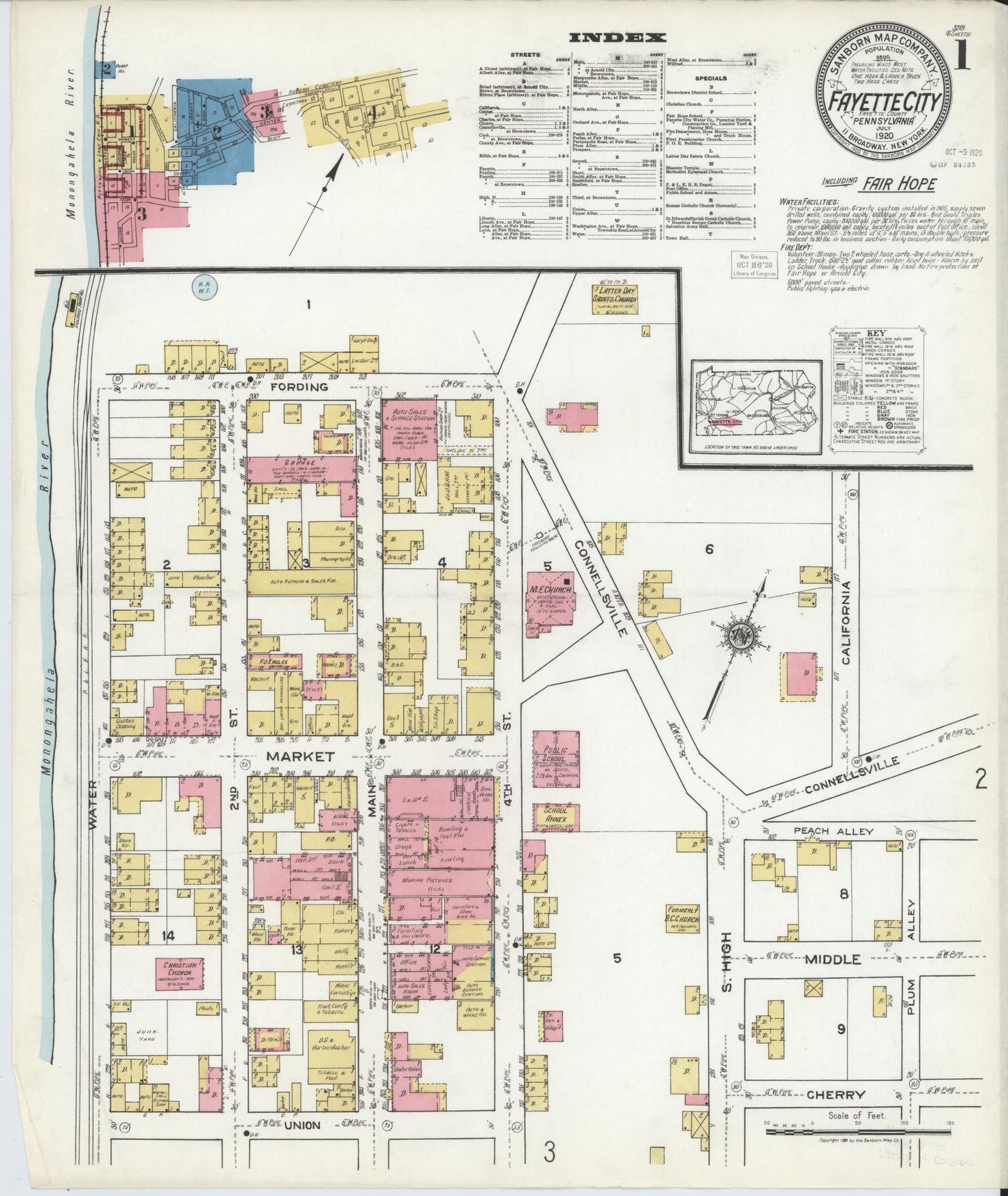 Sanborn Fire Insurance Map from Fayette City, Fayette County, Pennsylvania (1920), Sheet #0001 - Historic Sanborn Fire Insurance Map Print, vintage old map wall art, antique decor, genealogy gift, Pennsylvania Pennsylvania map