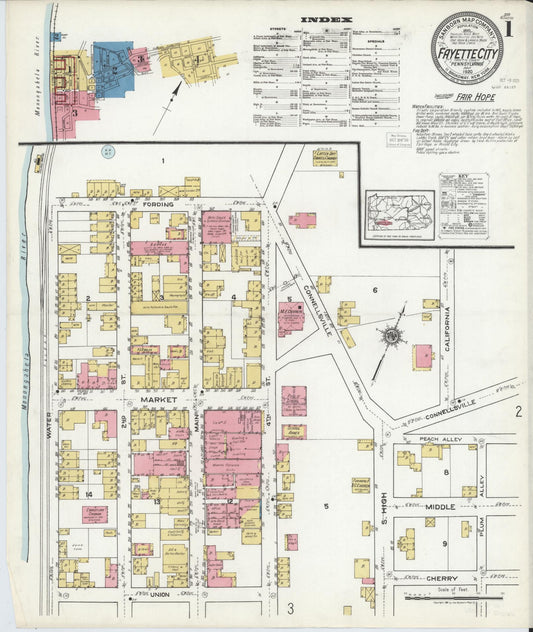 Sanborn Fire Insurance Map from Fayette City, Fayette County, Pennsylvania (1920), Sheet #0001 - Historic Sanborn Fire Insurance Map Print, vintage old map wall art, antique decor, genealogy gift, Pennsylvania Pennsylvania map