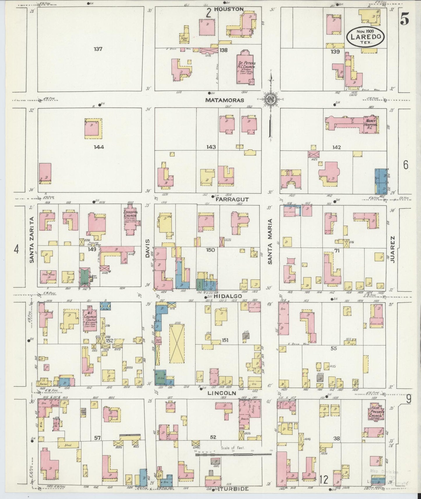 Sanborn Fire Insurance Map from Laredo, Webb County, Texas (1909), Sheet #0005 - Historic Sanborn Fire Insurance Map Print, vintage old map wall art, antique decor, genealogy gift, Texas Texas map