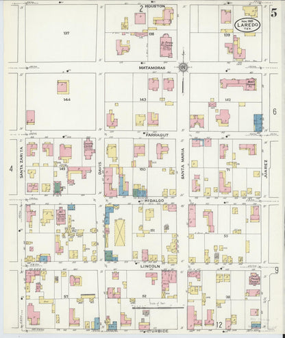 Sanborn Fire Insurance Map from Laredo, Webb County, Texas (1909), Sheet #0005 - Historic Sanborn Fire Insurance Map Print, vintage old map wall art, antique decor, genealogy gift, Texas Texas map