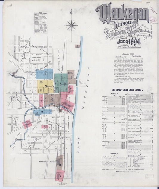 Sanborn Fire Insurance Map from Waukegan, Lake County, Illinois (1894), Sheet #0001 - Historic Sanborn Fire Insurance Map Print, vintage old map wall art, antique decor, genealogy gift, Illinois Illinois map