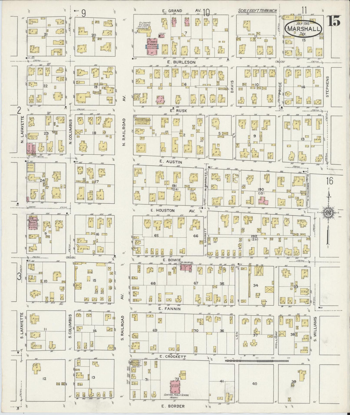 Sanborn Fire Insurance Map from Marshall, Harrison County, Texas (1915), Sheet #0015 - Complete Map Set gallery image, historic Sanborn map, vintage wall art, Texas Texas