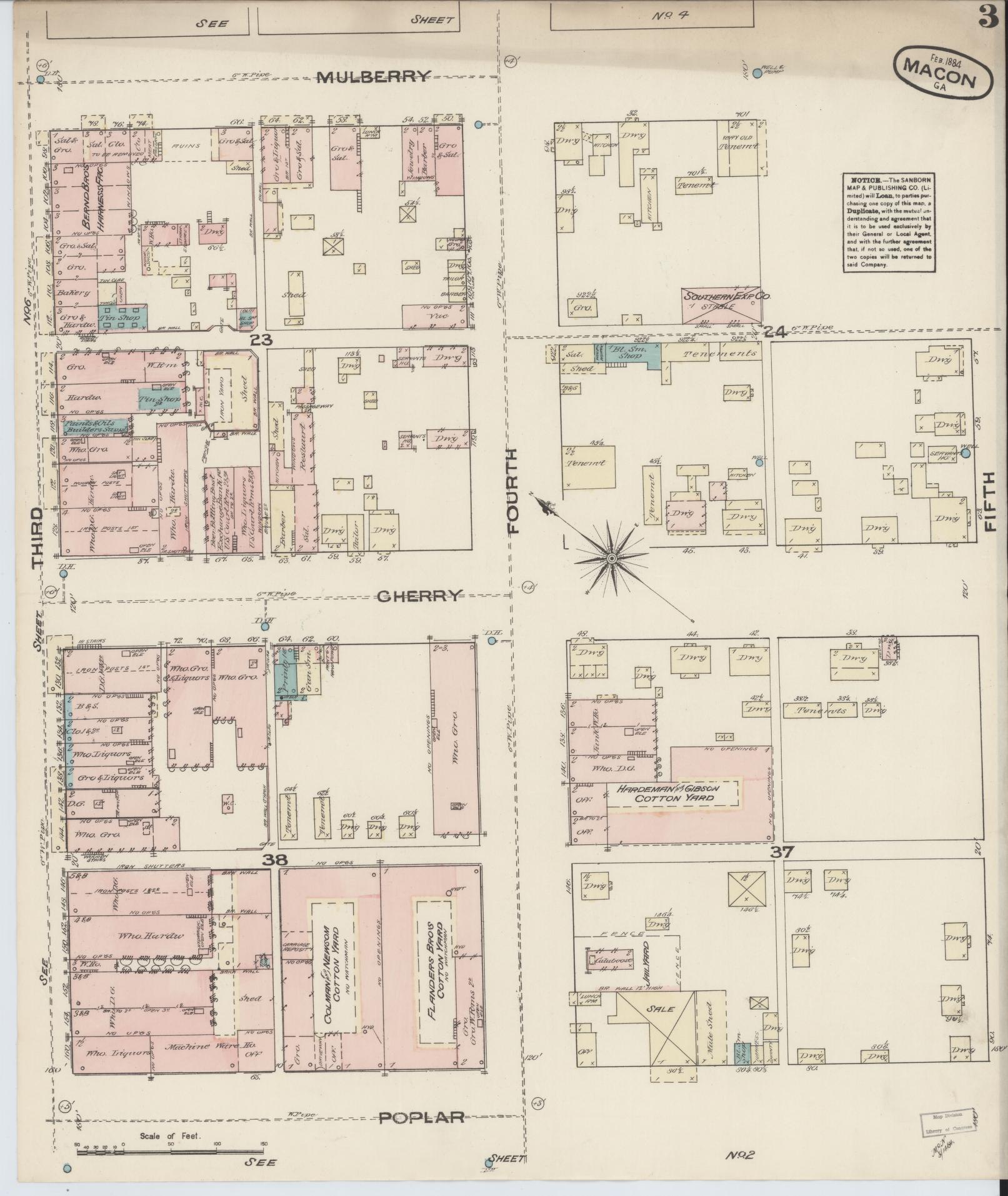 Sanborn Fire Insurance Map from Macon, Bibb and Jones County, Georgia (1884), Sheet #0003 - Complete Map Set gallery image, historic Sanborn map, vintage wall art, Georgia Georgia