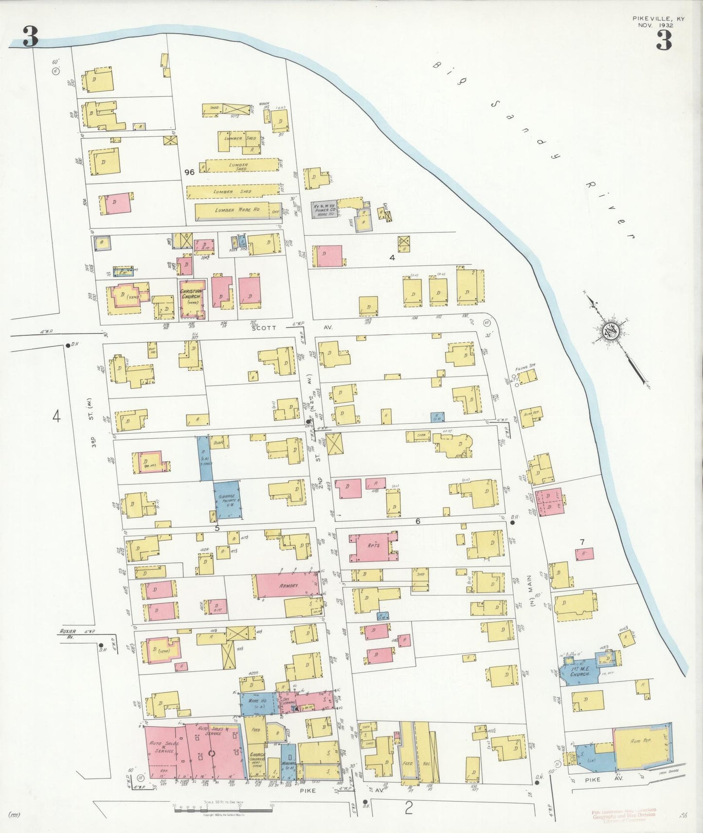 Sanborn Fire Insurance Map from Pikeville, Pike County, Kentucky (1932), Sheet #0003 - Complete Map Set gallery image, historic Sanborn map, vintage wall art, Kentucky Kentucky