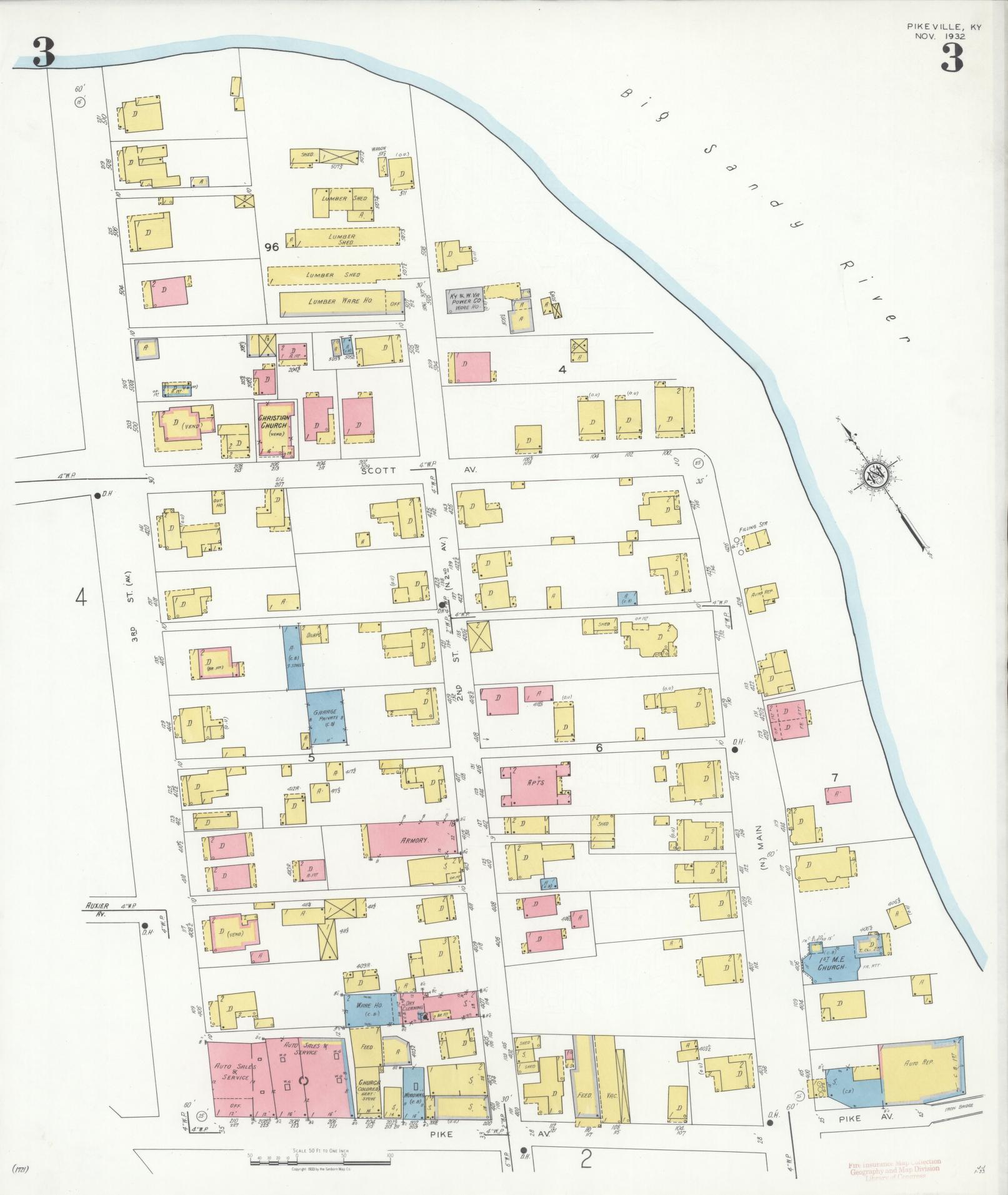 Sanborn Fire Insurance Map from Pikeville, Pike County, Kentucky (1932), Sheet #0003 - Complete Map Set gallery image, historic Sanborn map, vintage wall art, Kentucky Kentucky