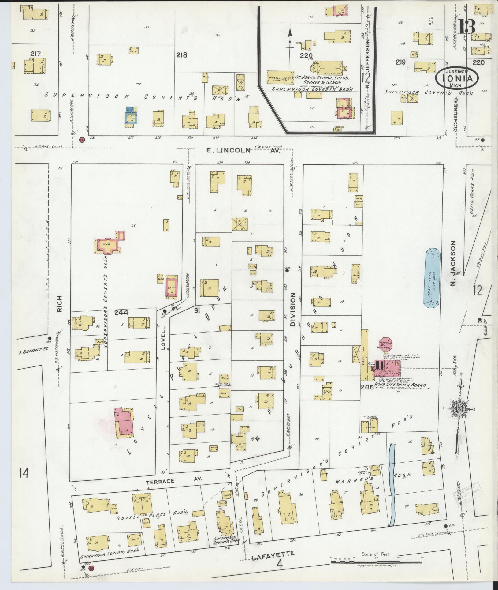Sanborn Fire Insurance Map from Ionia, Ionia County, Michigan (1920), Sheet #0013 - Complete Map Set gallery image, historic Sanborn map, vintage wall art, Michigan Michigan
