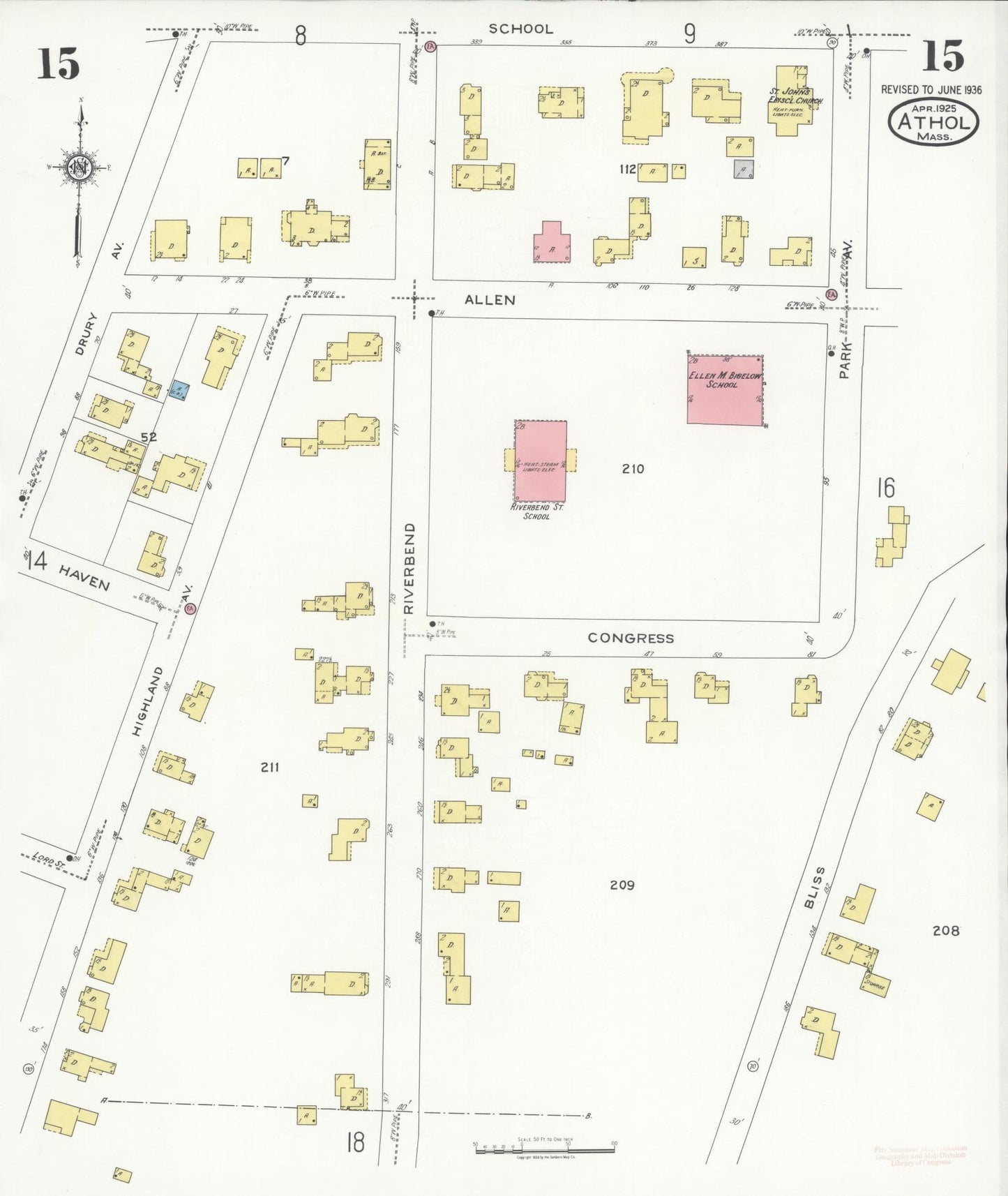 Sanborn Fire Insurance Map from Athol, Worcester County, Massachusetts (1936), Sheet #0015 - Historic Sanborn Fire Insurance Map Print, vintage old map wall art, antique decor, genealogy gift, Massachusetts Massachusetts map