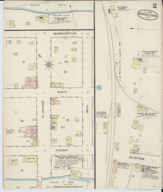 Sanborn Fire Insurance Map from Grand Ledge, Eaton County, Michigan (1886), Sheet #0002 - Historic Sanborn Fire Insurance Map Print, vintage old map wall art, antique decor, genealogy gift, Michigan Michigan map