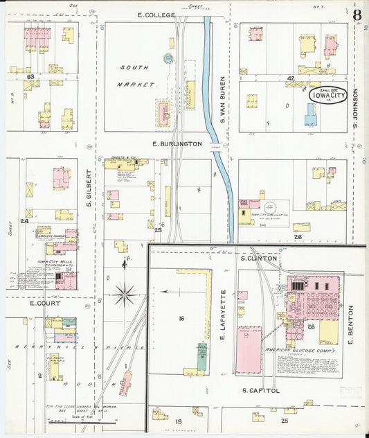 Sanborn Fire Insurance Map from Iowa City, Johnson County, Iowa (1892), Sheet #0008 - Historic Sanborn Fire Insurance Map Print, vintage old map wall art