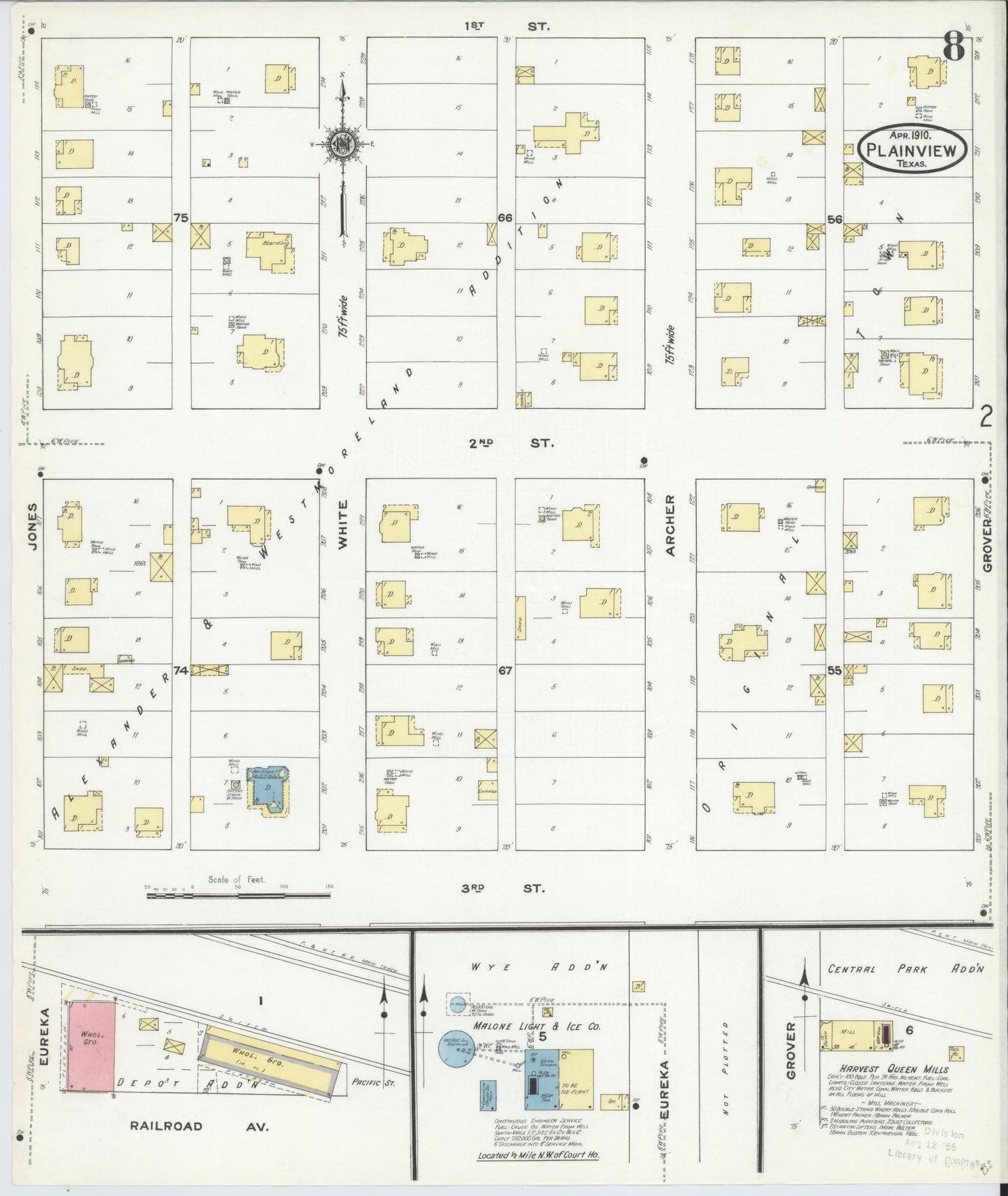 Sanborn Fire Insurance Map from Plainview, Hale County, Texas (1910), Sheet #0008 - Historic Sanborn Fire Insurance Map Print, vintage old map wall art, antique decor, genealogy gift, Texas Texas map