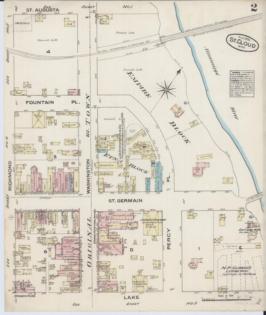 Sanborn Fire Insurance Map from Saint Cloud, Stearns, Benton, and Sherburne Counties, Minnesota (1884), Sheet #0002 - Historic Sanborn Fire Insurance Map Print, vintage old map wall art, antique decor, genealogy gift, Minnesota Minnesota map