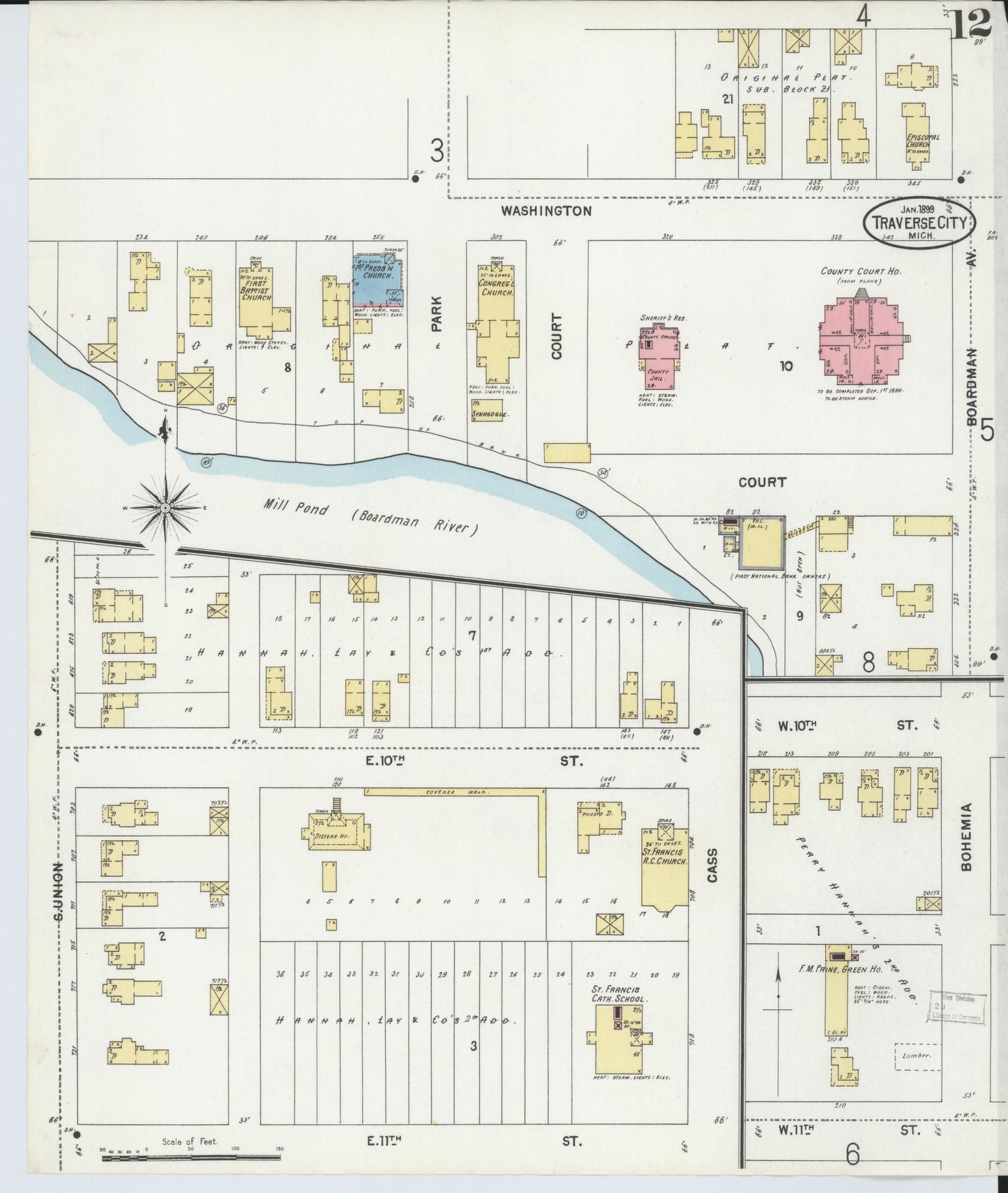 Sanborn Fire Insurance Map from Traverse City, Grand Traverse County, Michigan (1899), Sheet #0012 - Historic Sanborn Fire Insurance Map Print, vintage old map wall art, antique decor, genealogy gift, Michigan Michigan map