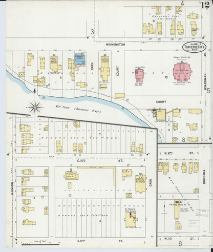 Sanborn Fire Insurance Map from Traverse City, Grand Traverse County, Michigan (1899), Sheet #0012 - Historic Sanborn Fire Insurance Map Print, vintage old map wall art, antique decor, genealogy gift, Michigan Michigan map