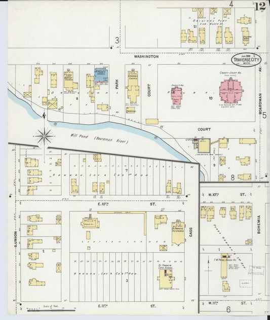 Sanborn Fire Insurance Map from Traverse City, Grand Traverse County, Michigan (1899), Sheet #0012 - Historic Sanborn Fire Insurance Map Print, vintage old map wall art, antique decor, genealogy gift, Michigan Michigan map