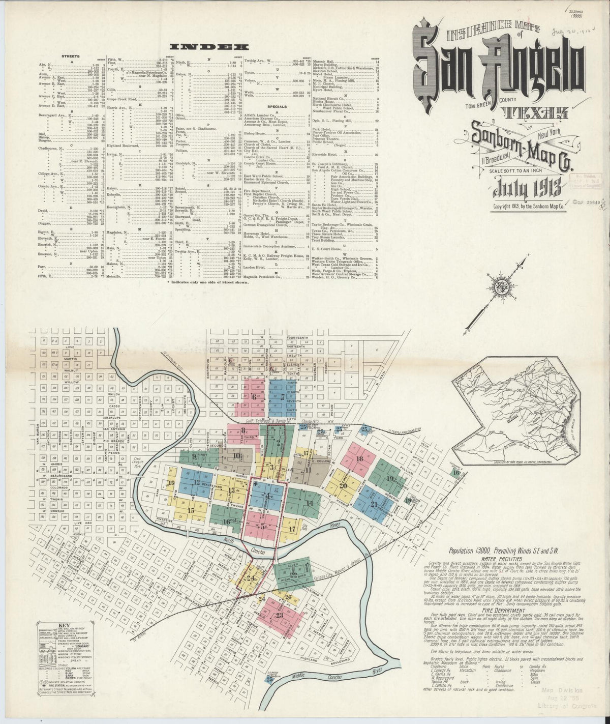 Sanborn Fire Insurance Map from San Angelo, Tom Green County, Texas (1913), Sheet #0001 - Complete Map Set gallery image, historic Sanborn map, vintage wall art, Texas Texas
