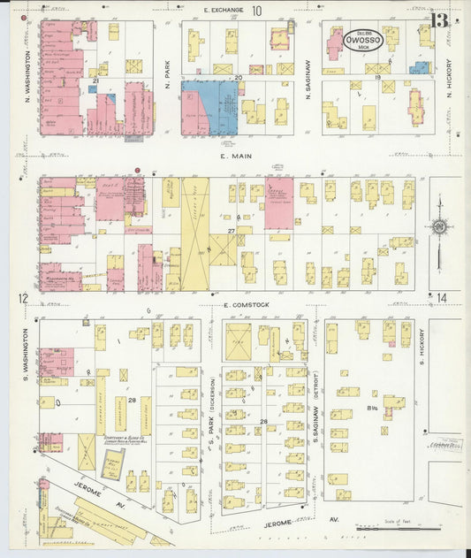 Sanborn Fire Insurance Map from Owosso, Shiawassee County, Michigan (1915), Sheet #0013 - Historic Sanborn Fire Insurance Map Print, vintage old map wall art, antique decor, genealogy gift, Michigan Michigan map