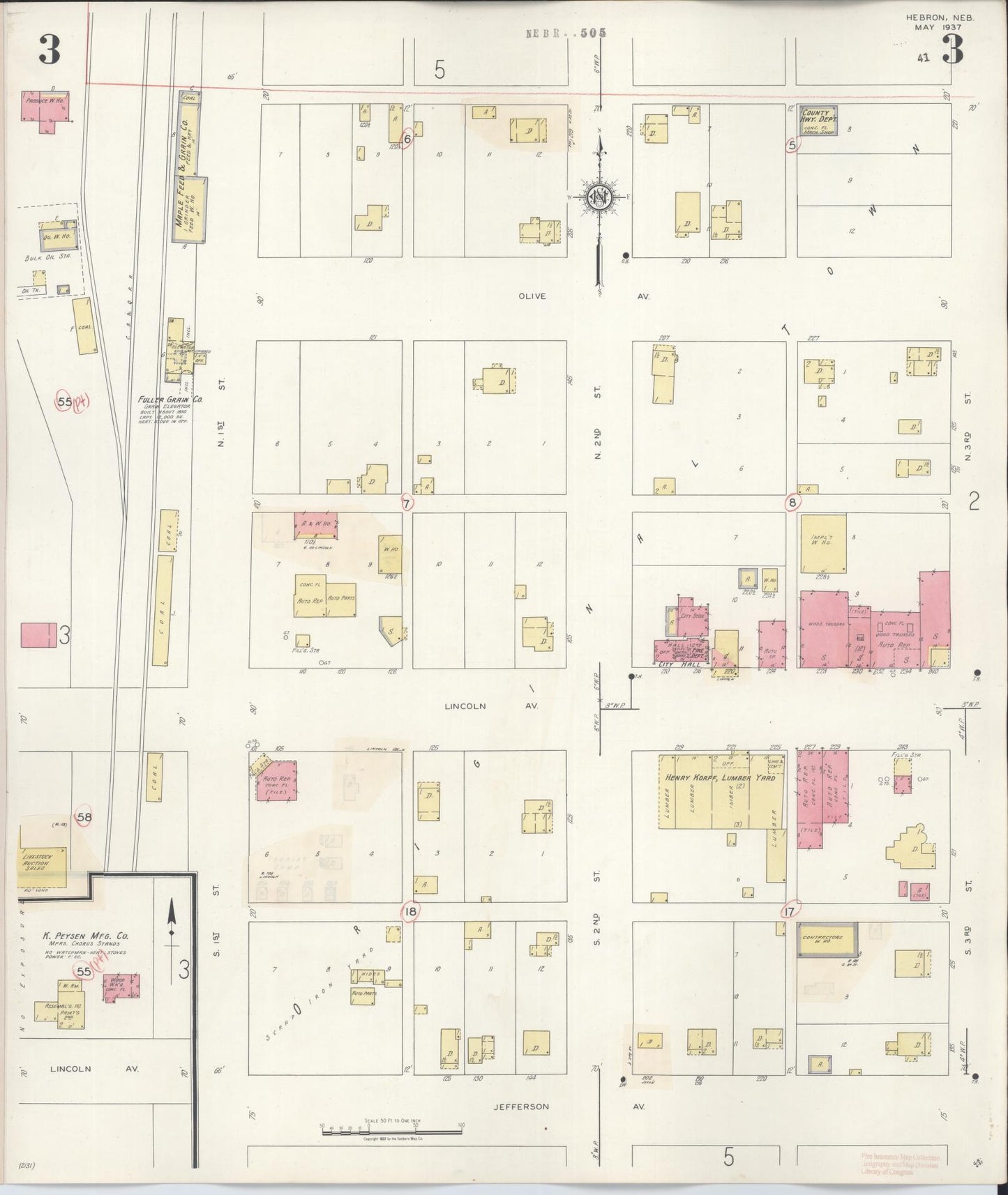 Sanborn Fire Insurance Map from Hebron, Thayer County, Nebraska (1944), Sheet #0003 - Complete Map Set gallery image, historic Sanborn map, vintage wall art, Nebraska Nebraska