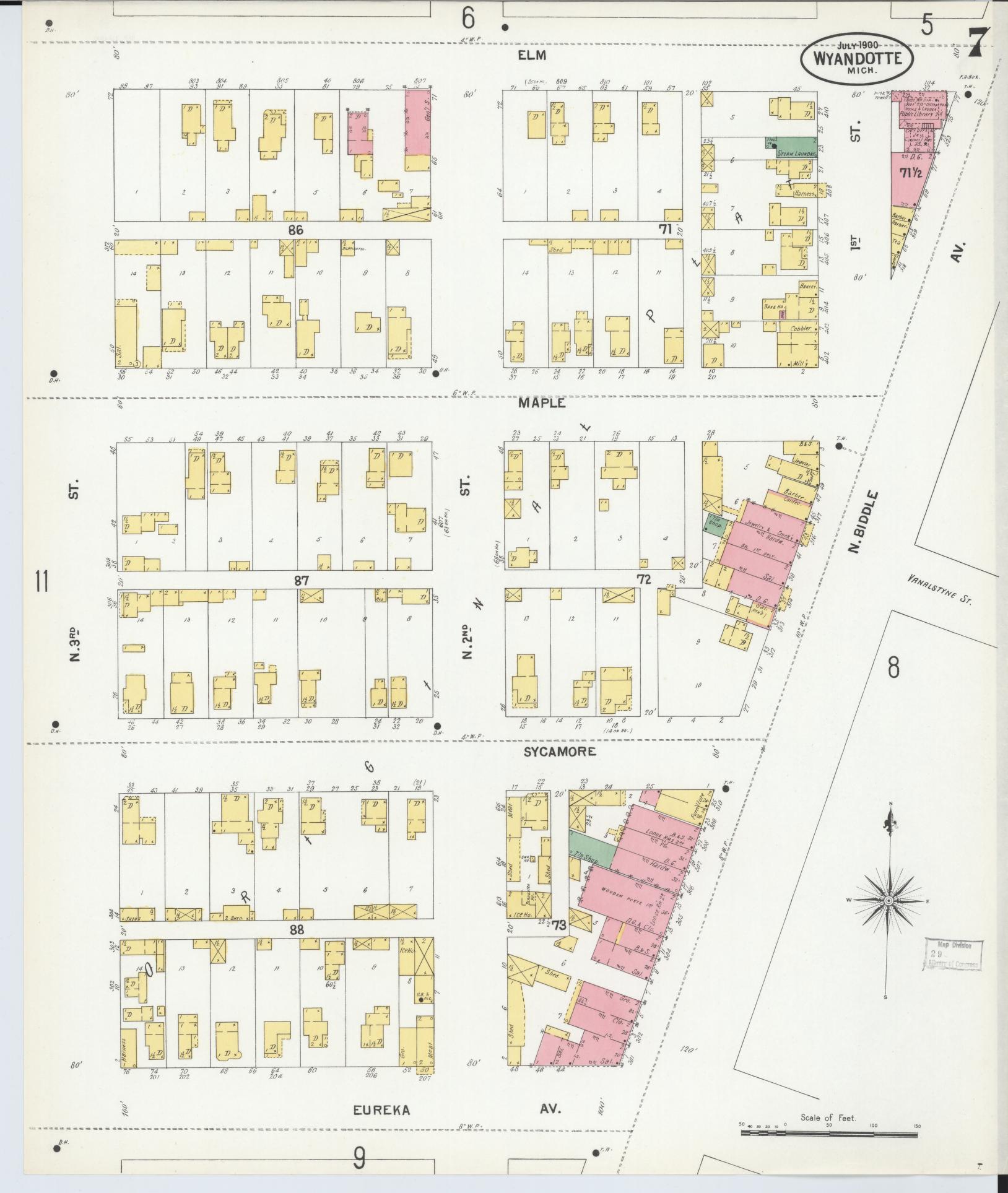Sanborn Fire Insurance Map from Wyandotte, Wayne County, Michigan (1900), Sheet #0007 - Complete Map Set gallery image, historic Sanborn map, vintage wall art, Michigan Michigan