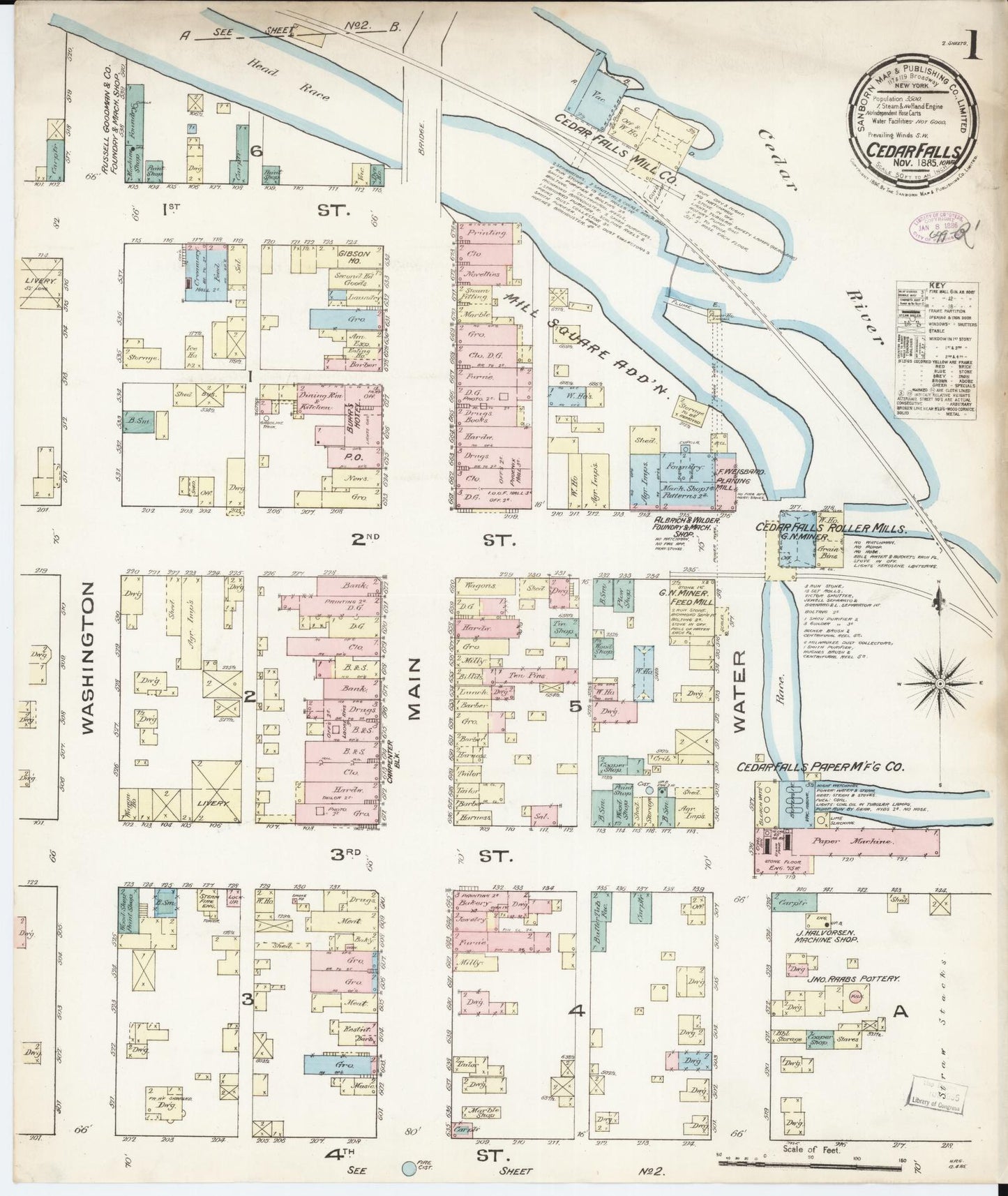 Sanborn Fire Insurance Map from Cedar Falls, Black Hawk County, Iowa (1885), Sheet #0001 - Historic Sanborn Fire Insurance Map Print, vintage old map wall art