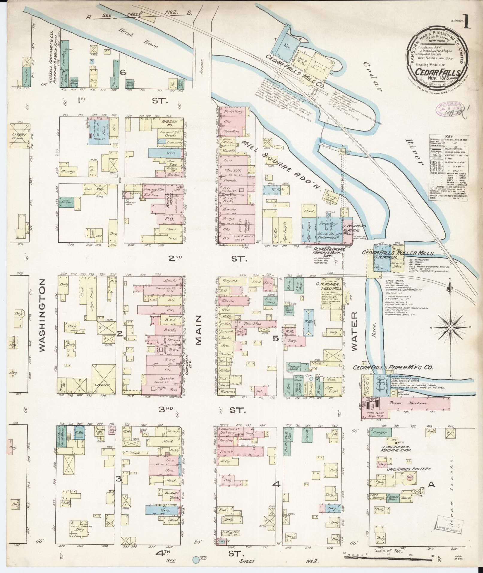 Sanborn Fire Insurance Map from Cedar Falls, Black Hawk County, Iowa (1885), Sheet #0001 - Historic Sanborn Fire Insurance Map Print, vintage old map wall art