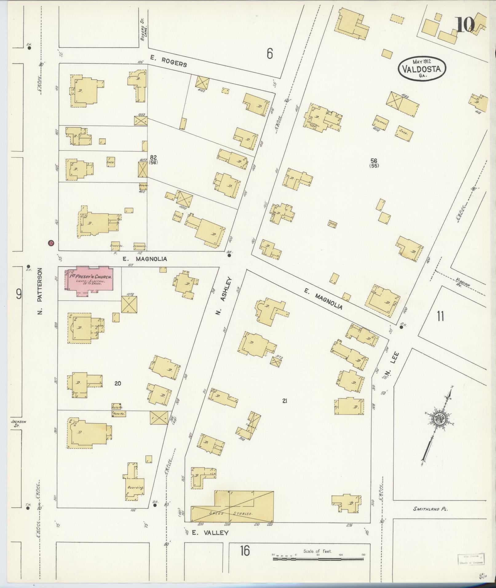 Sanborn Fire Insurance Map from Valdosta, Lowndes County, Georgia (1912), Sheet #0010 - Historic Sanborn Fire Insurance Map Print, vintage old map wall art, antique decor, genealogy gift, Georgia Georgia map