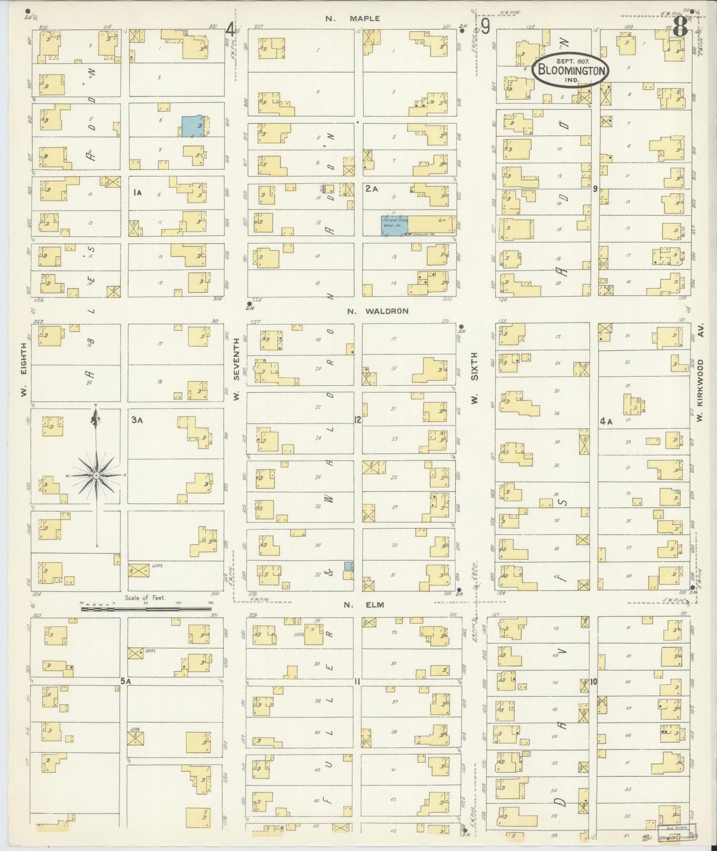 Sanborn Fire Insurance Map from Bloomington, Monroe County, Indiana (1907), Sheet #0008 - Complete Map Set gallery image, historic Sanborn map, vintage wall art, Indiana Indiana