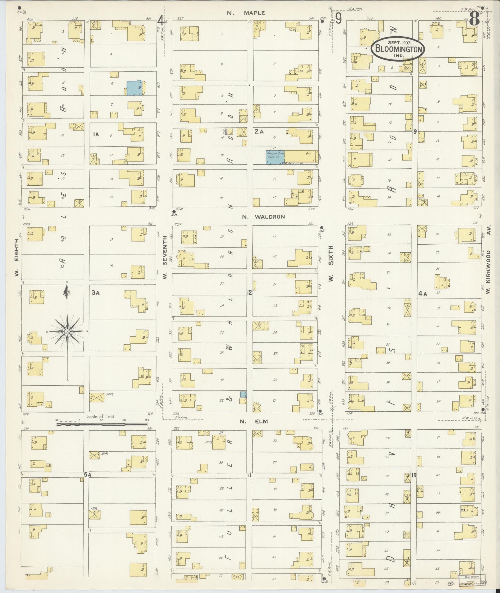 Sanborn Fire Insurance Map from Bloomington, Monroe County, Indiana (1907), Sheet #0008 - Complete Map Set gallery image, historic Sanborn map, vintage wall art, Indiana Indiana