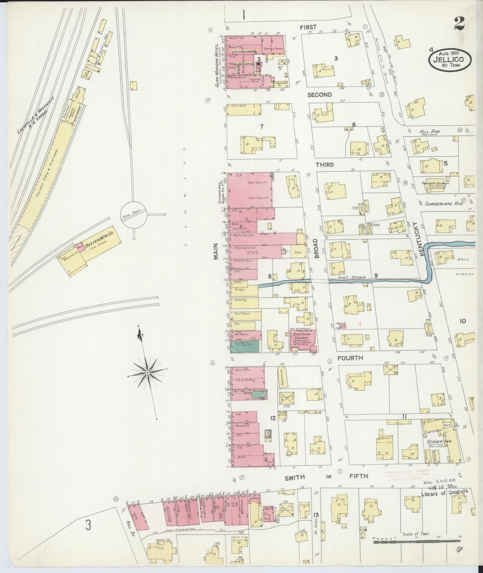 Sanborn Fire Insurance Map from Jellico, Whitley County, Ky., and Campbell County, Tenna, Kentucky (1907), Sheet #0002 - Complete Map Set gallery image, historic Sanborn map, vintage wall art, Kentucky Kentucky