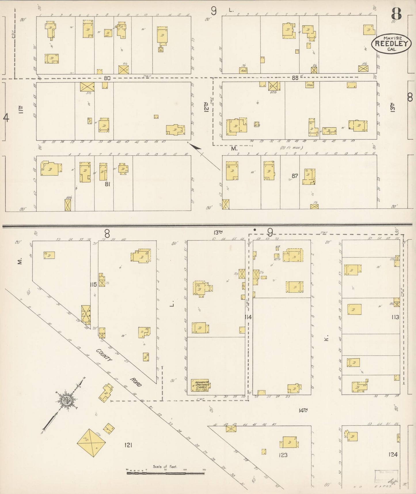 Sanborn Fire Insurance Map from Reedley, Fresno County, California (1912), Sheet #0008 - Complete Map Set gallery image, historic Sanborn map, vintage wall art, California California