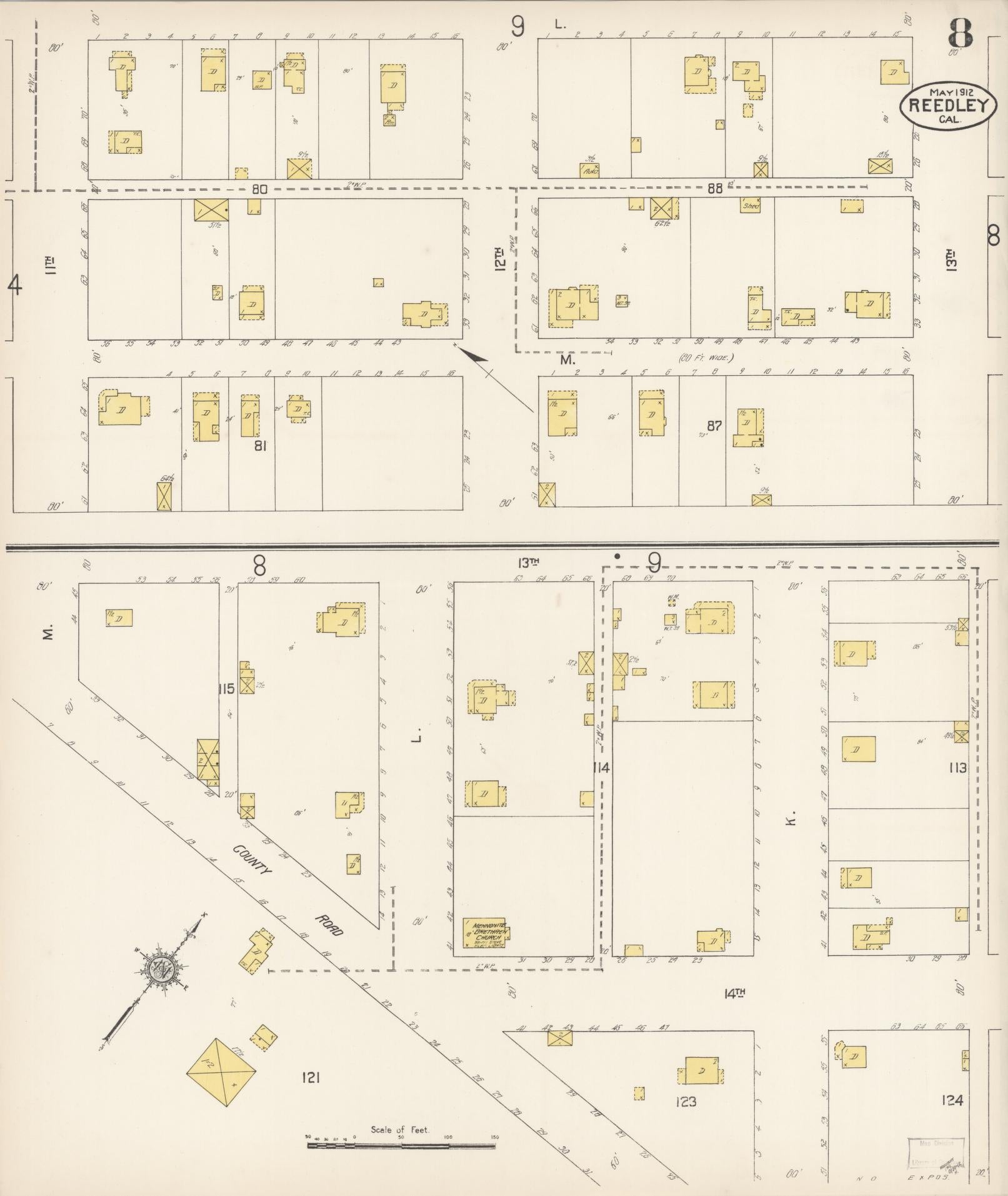Sanborn Fire Insurance Map from Reedley, Fresno County, California (1912), Sheet #0008 - Complete Map Set gallery image, historic Sanborn map, vintage wall art, California California