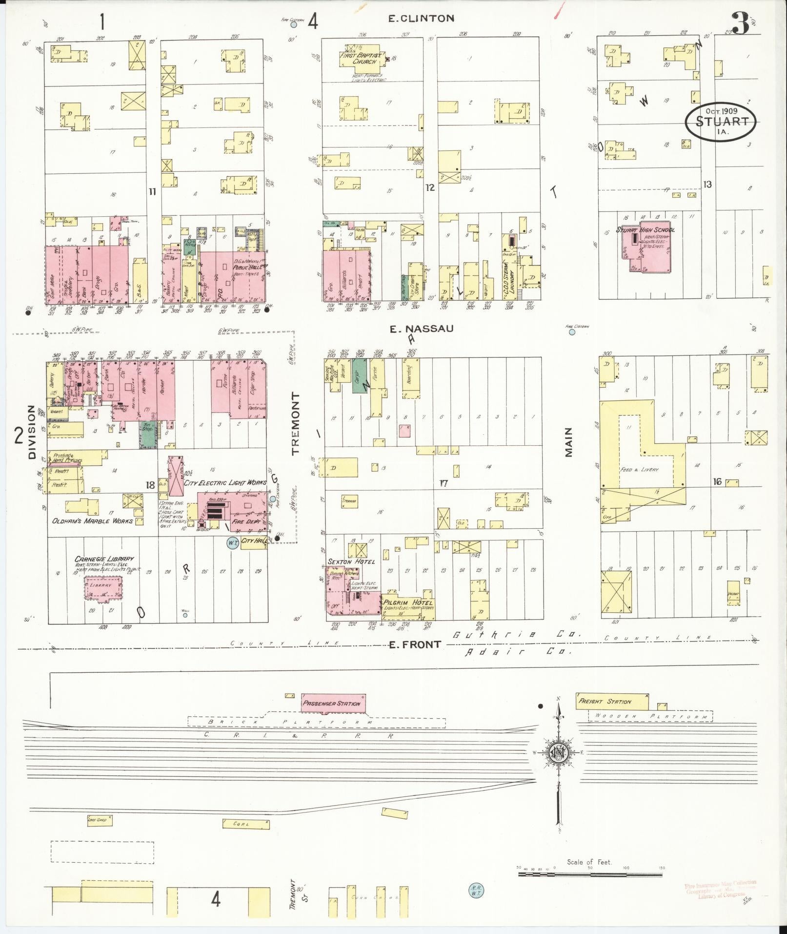 Sanborn Fire Insurance Map from Stuart, Guthrie and Adair Counties, Iowa (1909), Sheet #0003 - Historic Sanborn Fire Insurance Map Print, vintage old map wall art