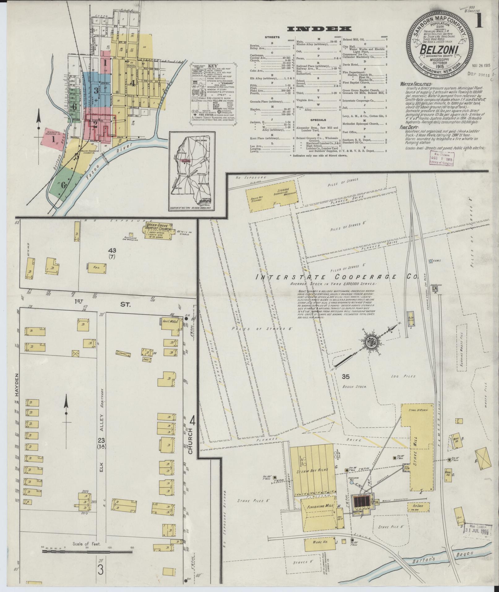 Sanborn Fire Insurance Map from Belzoni, Washington County, Mississippi (1915), Sheet #0001 - Historic Sanborn Fire Insurance Map Print, vintage old map wall art, antique decor, genealogy gift, Mississippi Mississippi map