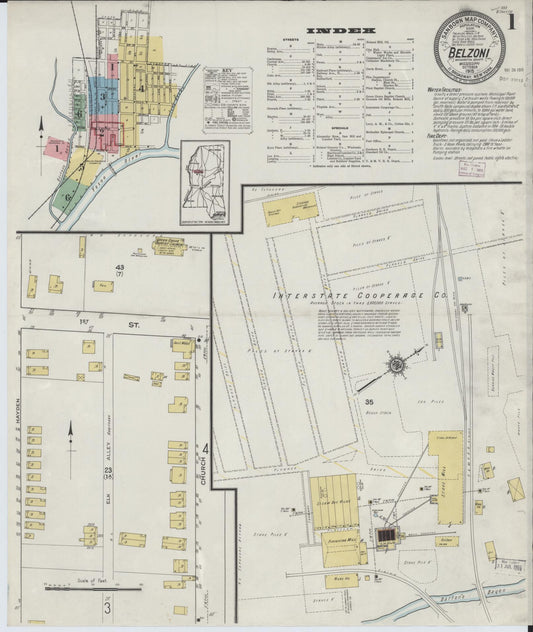 Sanborn Fire Insurance Map from Belzoni, Washington County, Mississippi (1915), Sheet #0001 - Historic Sanborn Fire Insurance Map Print, vintage old map wall art, antique decor, genealogy gift, Mississippi Mississippi map