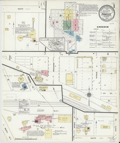 Sanborn Fire Insurance Map from Prague, Lincoln County, Oklahoma (1914), Sheet #0001 - Complete Map Set gallery image, historic Sanborn map, vintage wall art, Oklahoma Oklahoma