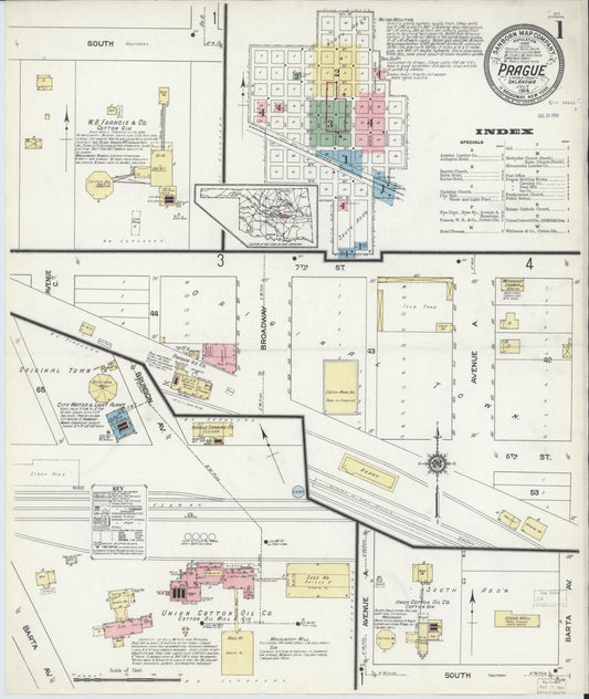 Sanborn Fire Insurance Map from Prague, Lincoln County, Oklahoma (1914), Sheet #0001 - Complete Map Set gallery image, historic Sanborn map, vintage wall art, Oklahoma Oklahoma