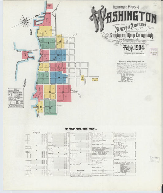 Sanborn Fire Insurance Map from Washington, Beaufort County, North Carolina (1904), Sheet #0001 - Historic Sanborn Fire Insurance Map Print, vintage old map wall art, antique decor, genealogy gift, Washington Washington map
