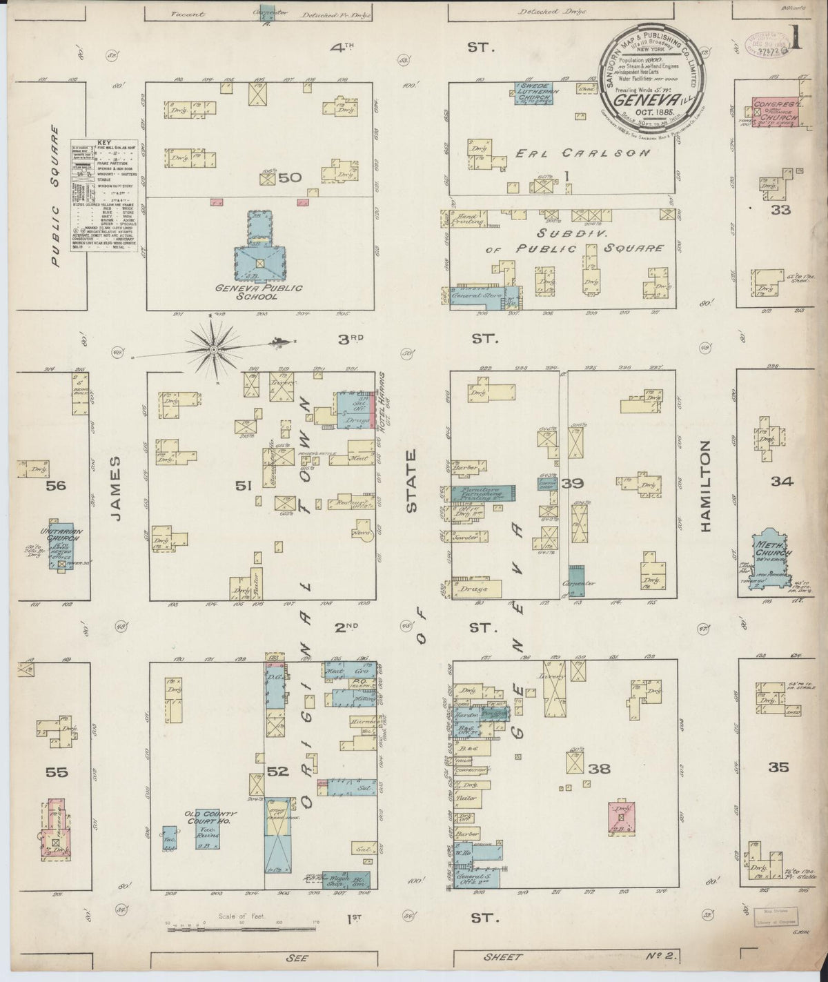 Sanborn Fire Insurance Map from Geneva, Kane County, Illinois (1885), Sheet #0001 - Complete Map Set gallery image, historic Sanborn map, vintage wall art, Illinois Illinois