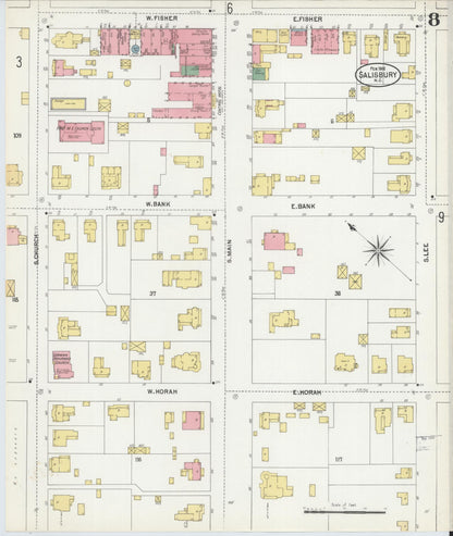Sanborn Fire Insurance Map from Salisbury, Rowan County, North Carolina (1902), Sheet #0008 - Complete Map Set gallery image, historic Sanborn map, vintage wall art, North Carolina North Carolina