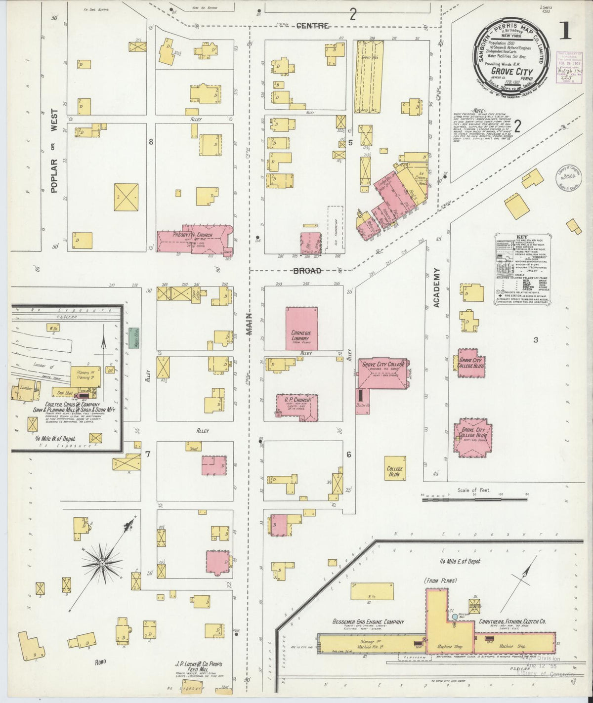 Sanborn Fire Insurance Map from Grove City, Mercer County, Pennsylvania (1901), Sheet #0001 - Historic Sanborn Fire Insurance Map Print, vintage old map wall art, antique decor, genealogy gift, Pennsylvania Pennsylvania map