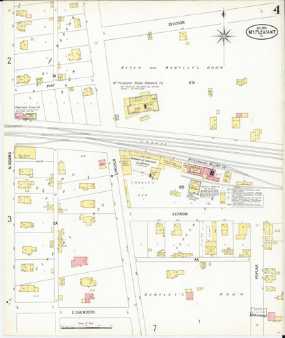 Sanborn Fire Insurance Map from Mount Pleasant, Henry County, Iowa (1899), Sheet #0004 - Historic Sanborn Fire Insurance Map Print, vintage old map wall art