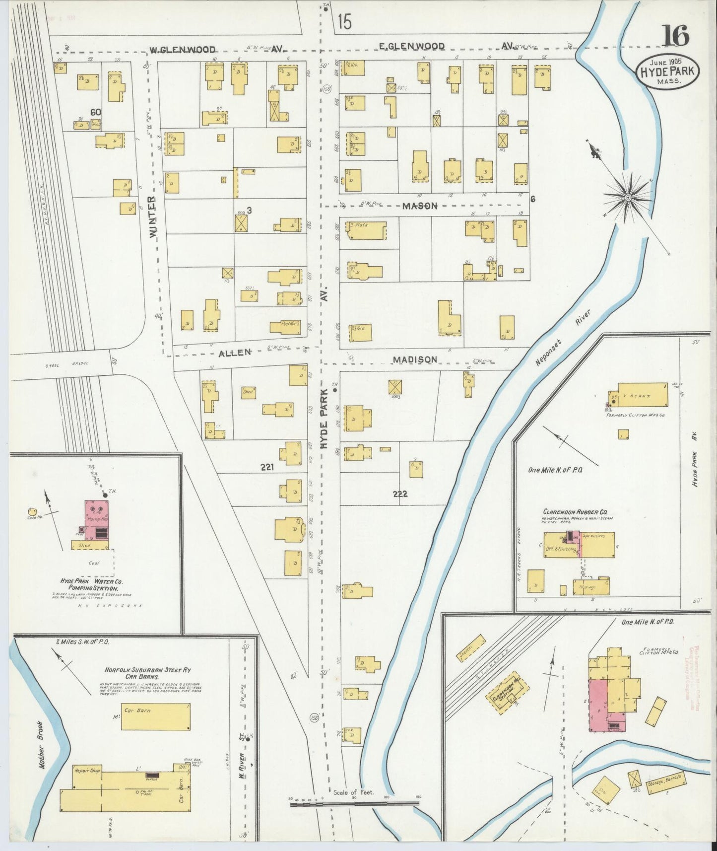 Sanborn Fire Insurance Map from Hyde Park, Norfolk County, Massachusetts (1905), Sheet #0016 - Historic Sanborn Fire Insurance Map Print, vintage old map wall art, antique decor, genealogy gift, Massachusetts Massachusetts map