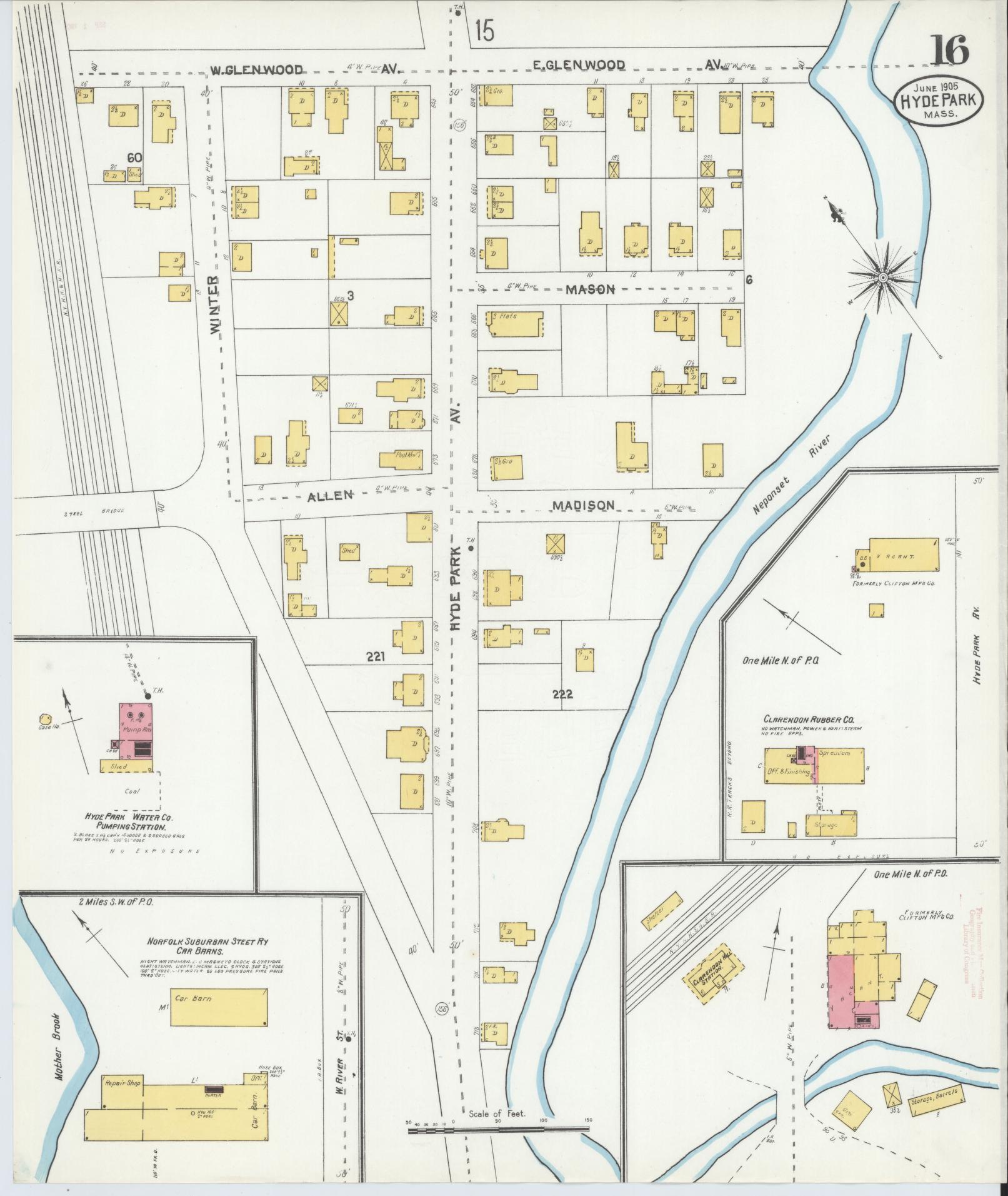 Sanborn Fire Insurance Map from Hyde Park, Norfolk County, Massachusetts (1905), Sheet #0016 - Historic Sanborn Fire Insurance Map Print, vintage old map wall art, antique decor, genealogy gift, Massachusetts Massachusetts map