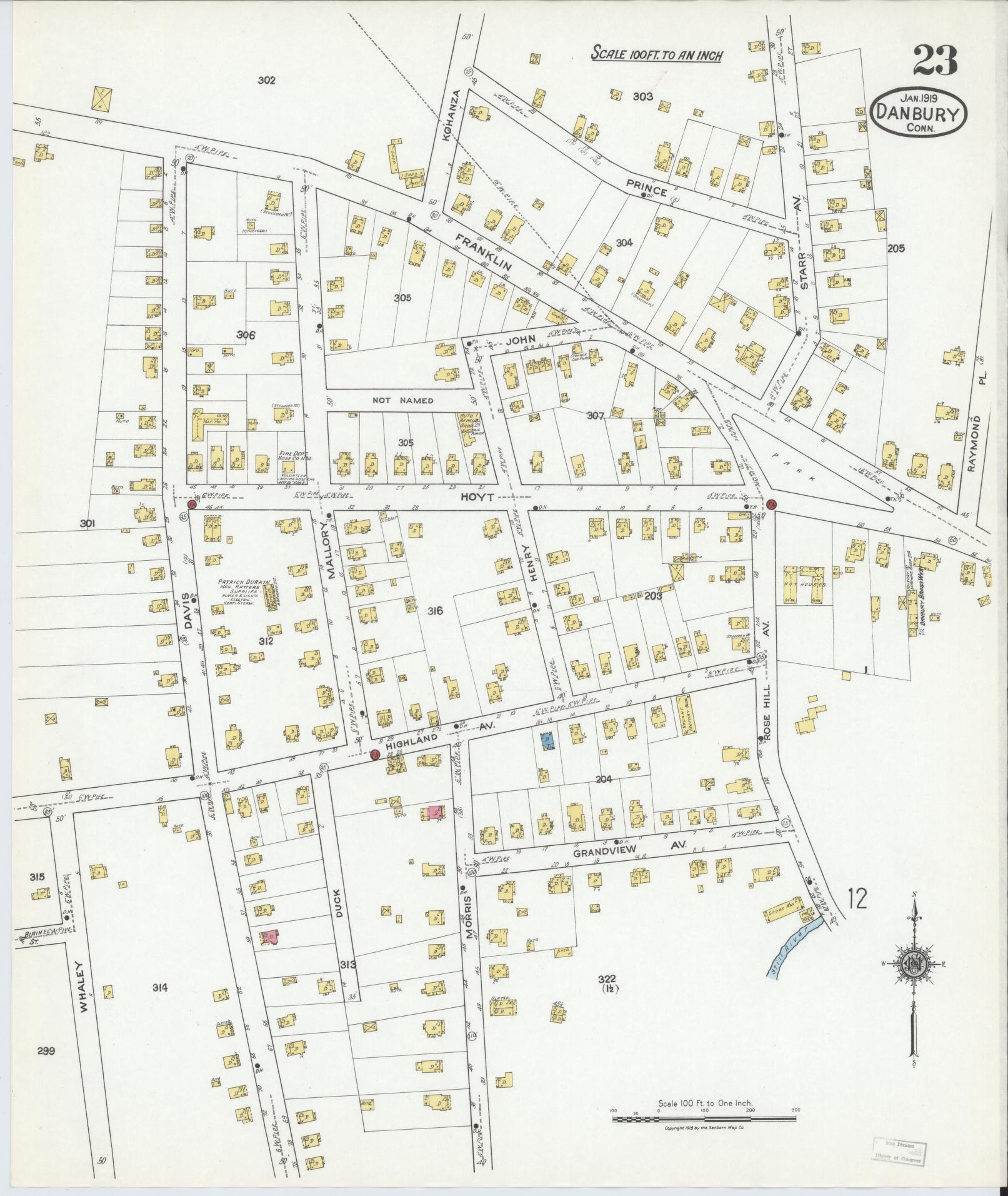 Sanborn Fire Insurance Map from Danbury, Fairfield County, Connecticut (1919), Sheet #0023 - Complete Map Set gallery image, historic Sanborn map, vintage wall art, Connecticut Connecticut