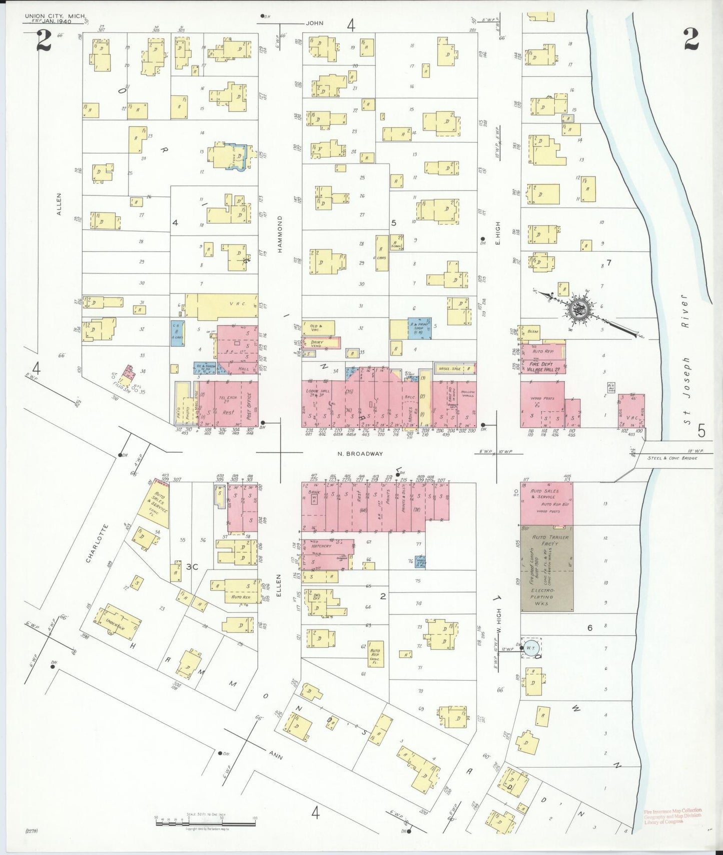 Sanborn Fire Insurance Map from Union City, Branch And Calhoun Counties, Michigan (1940), Sheet #0002 - Historic Sanborn Fire Insurance Map Print, vintage old map wall art, antique decor, genealogy gift, Michigan Michigan map
