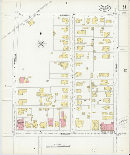 Sanborn Fire Insurance Map from Jackson, Madison County, Tennessee (1907), Sheet #0009 - Complete Map Set gallery image, historic Sanborn map, vintage wall art, Tennessee Tennessee