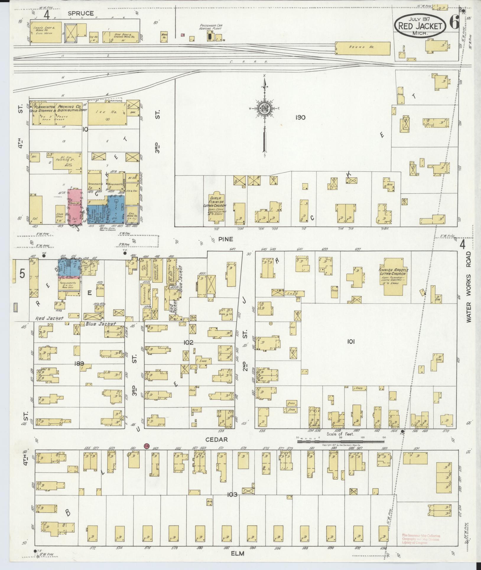 Sanborn Fire Insurance Map from Red Jacket, Houghton County, Michigan (1917), Sheet #0006 - Complete Map Set gallery image, historic Sanborn map, vintage wall art, Michigan Michigan